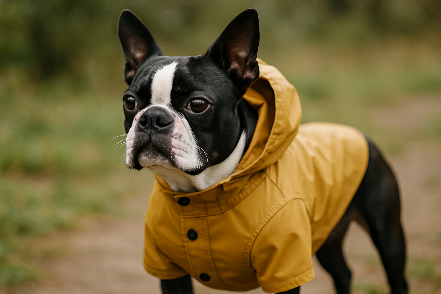 PURE BOSTON TERRIER WITH A RAIN JACKET